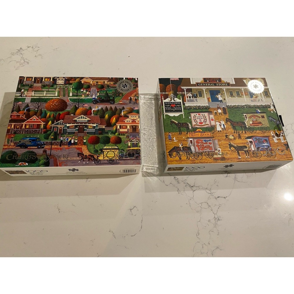 Lot of 2 Charles Wysocki 1000 Pc Jigsaw Puzzles Americana Folk Art Silver Select